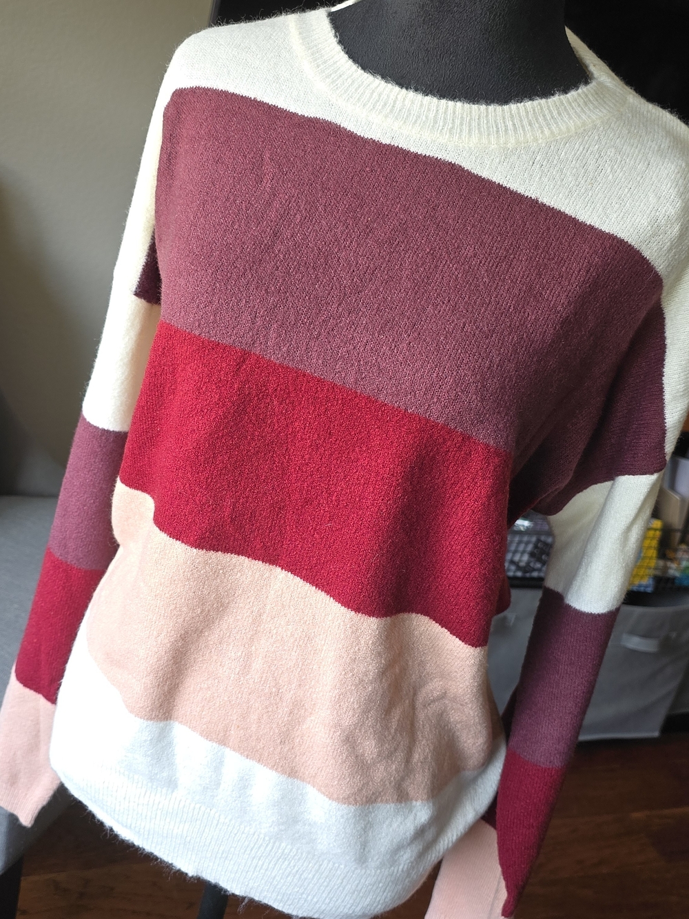 Women's Striped Crewneck Sweater in Red, Burgundy, Blush & Cream
